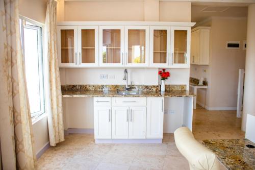 eine Küche mit weißen Schränken und einem Waschbecken in der Unterkunft La Cresta in Kingstown
