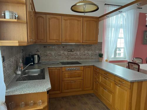 a kitchen with wooden cabinets and a sink at Wespartment Marienbad - City meets Nature in Mariánské Lázně