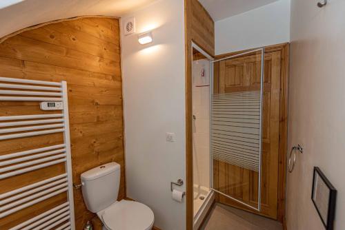 ein Bad mit einem WC und einer ebenerdigen Dusche in der Unterkunft Maison Lennox in Mâcot La Plagne