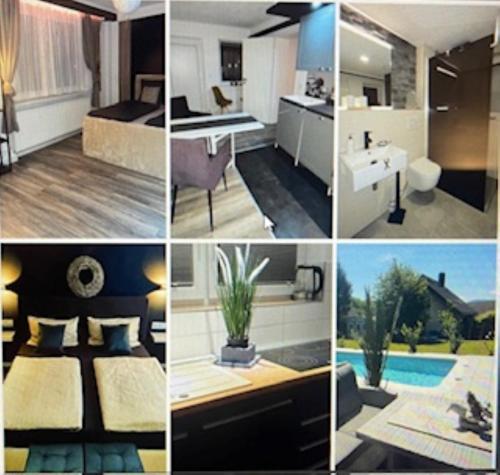 a collage of photos of a hotel room at Schicke Ferienwohnung mit Harzblick für 1-2 oder 1-4 Personen in Goslar