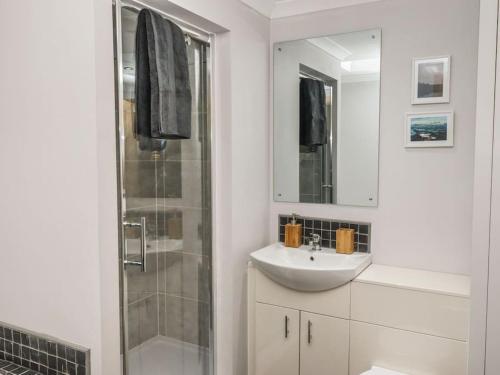 a white bathroom with a sink and a shower at Jake’s Cottage - Langrick, Lincolnshire in Boston