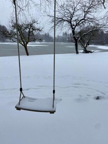 a swing in a field covered in snow at Landhaus Lotten in Winsen Luhe