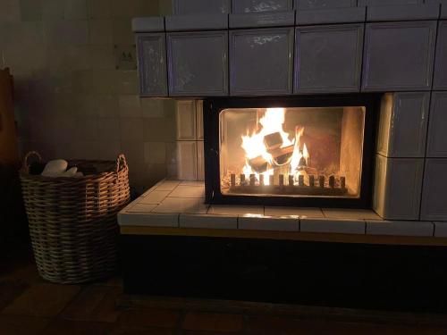 a fireplace with a fire inside of it at Landhaus Lotten in Winsen Luhe