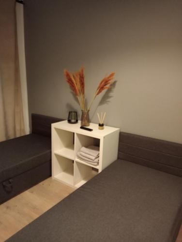 a white cabinet with a vase on it next to a couch at ADLER Room Suite in Łódź