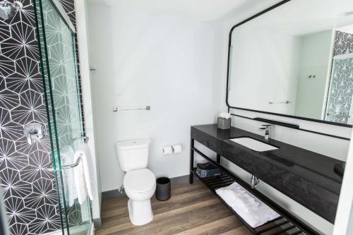 a bathroom with a toilet and a large mirror at voco The Darwin - Atlanta Midtown by IHG in Atlanta