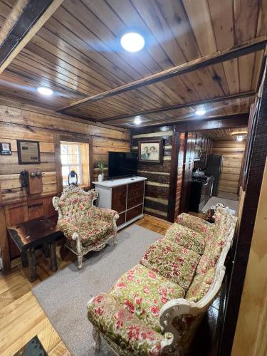 een woonkamer met banken en stoelen in een kamer bij Jewel Branch Cabin in Erwin