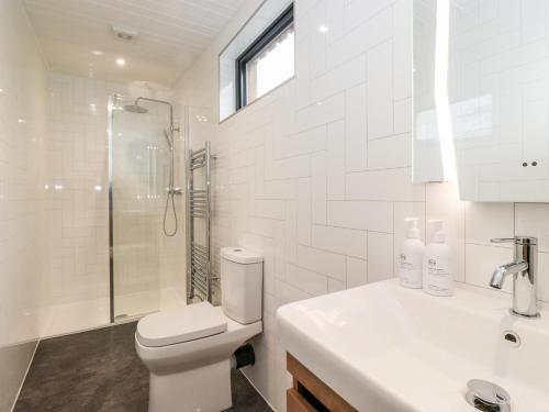 Un baño con inodoro, ducha y lavabo. en The Gardener's Retreat, en Penrith