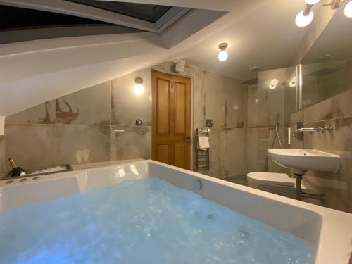 a bathroom with a tub filled with blue water at Ashton View in Glasgow