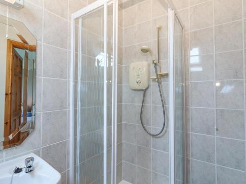 y baño con ducha, lavabo y espejo. en Cloughoge House en Kilrush