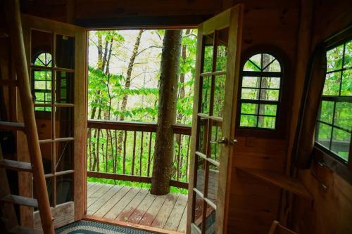 Maine Woods Treehouse-The Birdie في North Lovell: باب مفتوح لبيت شجرة مع شرفة