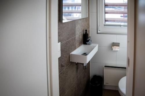 a bathroom with a white sink and a window at Hausboot Bellini in Klitten