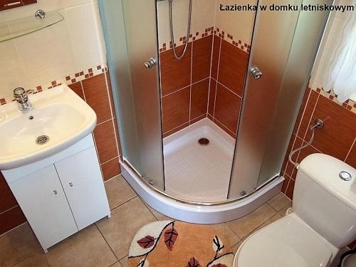 W łazience znajduje się prysznic, toaleta i umywalka. w obiekcie "Bieszczady 111"-domki nad Soliną tel, 607 - 197 - 316 w Polańczyku