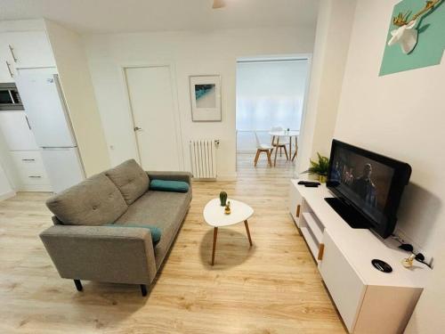 uma sala de estar com um sofá e uma televisão de ecrã plano em Nórdico -Apartamentos Birdie- em Albacete