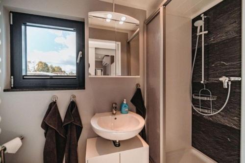 ein Bad mit einem Waschbecken und einer Dusche in der Unterkunft Hausboot Enola in Fürstenberg-Havel