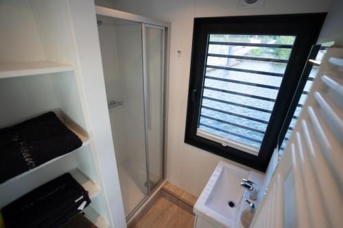 uma pequena casa de banho com um chuveiro e um lavatório. em Hausboot the Hideaway LP25 em Klitten