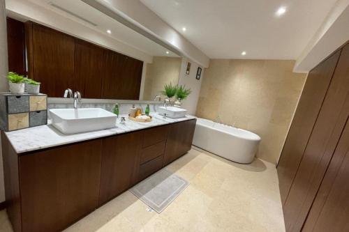 ein Badezimmer mit Waschbecken und Badewanne in der Unterkunft Espectacular Apartamento en nueva Vallarta Mexico in Nuevo Vallarta