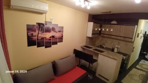 a kitchen with paintings on the wall and a counter at Sunshine II Apartment in Kragujevac