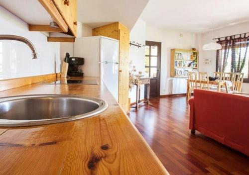 una cucina con un grande lavandino in acciaio inossidabile su un pavimento in legno di Cal Martí a Montsonis