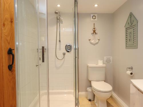 La salle de bains est pourvue d'une douche et de toilettes. dans l'établissement Waterland Old Barn, à Holsworthy