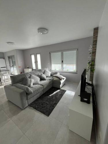 a living room with a couch and a tv at Casa das Varandinhas na Costa Nova do Prado in Costa Nova
