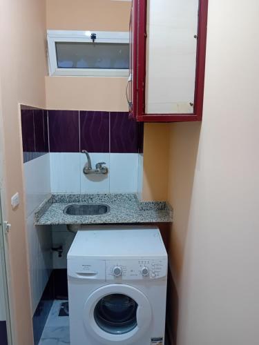 ein kleines Bad mit einem Waschbecken und einer Waschmaschine in der Unterkunft Sandy House in Madinat as-Sadis min Uktubar