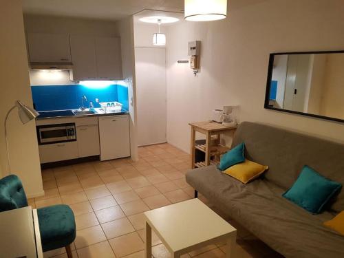 un salon avec un canapé et une cuisine dans l'établissement Studio rez-jardin proche plage WiFi, clim, garage, à Bormes-les-Mimosas