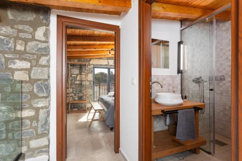 een badkamer met een wastafel en een glazen douche bij La Casa Di Pietre 1 in Kiotari