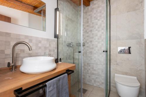 a bathroom with a sink and a shower at La Casa Di Pietre 1 in Kiotari