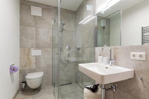 W łazience znajduje się prysznic, umywalka i toaleta. w obiekcie Wasserfall Lodge Krimml w mieście Krimml