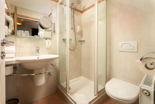 a bathroom with a shower and a toilet and a sink at Leipziger Hof Innsbruck in Innsbruck