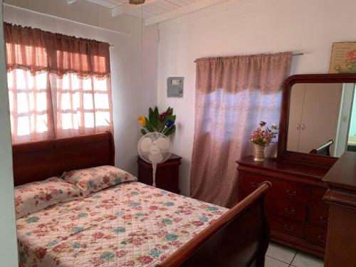 een slaapkamer met een bed, een dressoir en een spiegel bij Casita de Campo/ Peace Cottage 