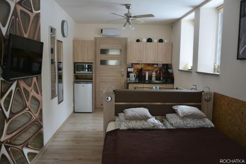 a room with a bed and a kitchen with a tv at Rochatka in Rabka-Zdrój
