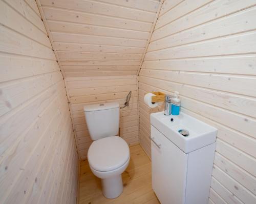 ein kleines Badezimmer mit Toilette und Waschbecken in der Unterkunft Resort Golf Kołczewo in Kołczewo