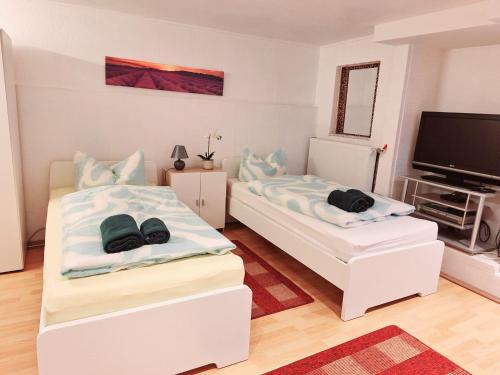 a bedroom with two beds and a flat screen tv at Basement Room in Mönchengladbach
