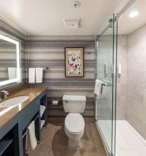 a bathroom with a toilet and a glass shower at Embassy Suites by Hilton Phoenix Biltmore in Phoenix