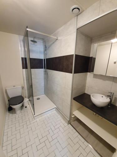 une salle de bain avec une douche, un lavabo et des toilettes dans l'établissement Les apparts de l'atlantique, à La Faute-sur-Mer