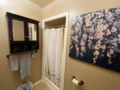ein Badezimmer mit einem Blumengemälde an der Wand in der Unterkunft The Overlook~Bandera, TX in Bandera