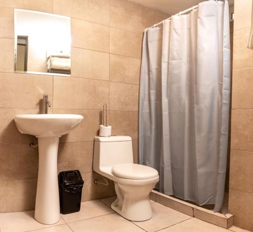 uma casa de banho com um WC, um lavatório e um chuveiro em La Puerta Del Sol em Arequipa