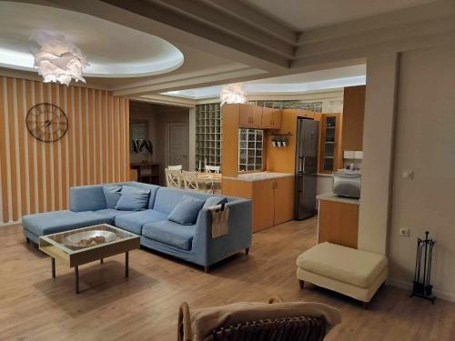 uma sala de estar com um sofá azul e uma cozinha em Achilles Apartment em Nafplio