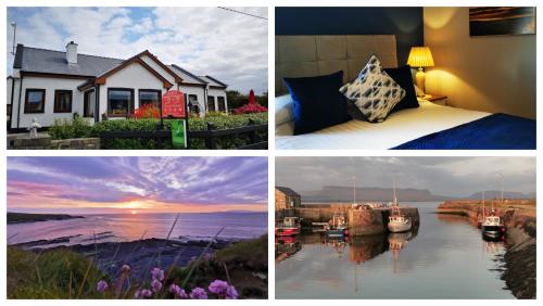 un collage de cuatro fotos con una cama y una casa en Ocean Heights B&B, en Lissadell