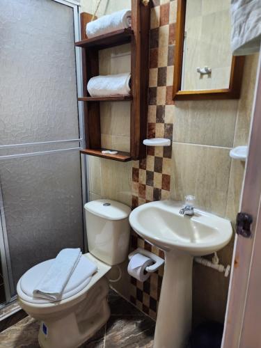 a bathroom with a toilet and a sink at Hotel Campestre Palmas del Zamorano in San Gil