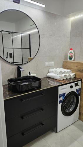 a bathroom with a sink and a washing machine at Apartament Bułgarska 59 - sypialnia i salon - 40m2 - self check in 24h in Poznań