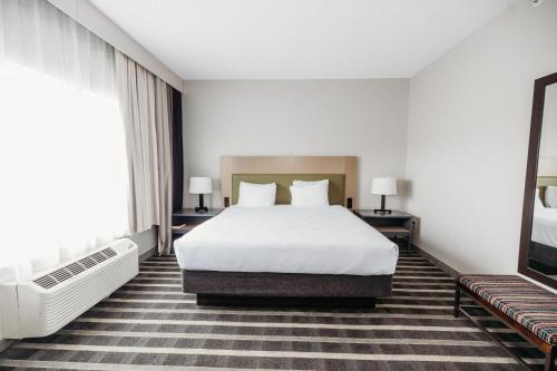 a hotel room with a white bed and a window at Parkview Inn & Suites, Lancaster Amish Country, PA in Lancaster