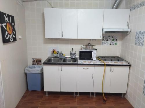 eine kleine Küche mit einer Spüle und einer Mikrowelle in der Unterkunft Habitación natural rústica in Cartagena