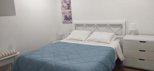 1 dormitorio con 1 cama con manta azul en Txoko 48, en Pamplona