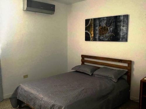 ein Schlafzimmer mit einem Bett und einem Bild an der Wand in der Unterkunft AC Rooms, Smart TV, Centric & 20 mins from Airport in Loiza