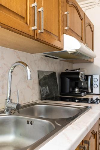 - un évier en acier inoxydable dans une cuisine avec des placards en bois dans l'établissement Studio avec parking à 12mns du centre historique de bayonne, à Bayonne