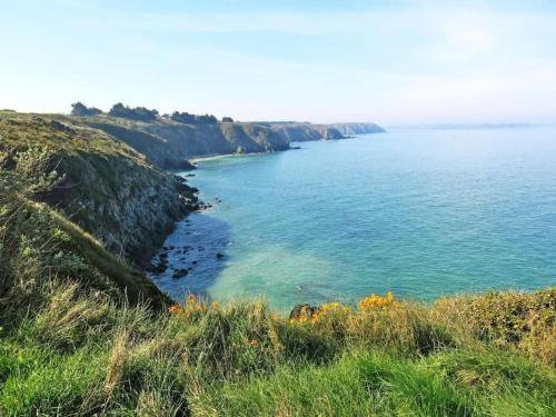 a view of the ocean from a hill with grass at Appart vue mer-au pied du chemin de randonnée " Bassan" in Planguenoual