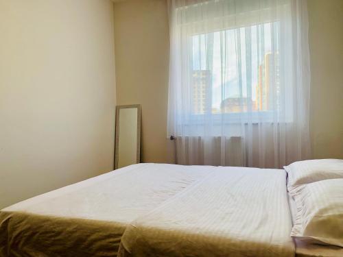 Schlafzimmer mit einem großen Bett und einem Fenster in der Unterkunft Spacious apartment next to Royall Mall on B Street in Pristina