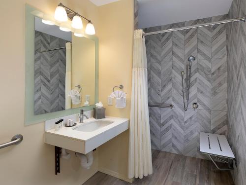 a bathroom with a sink and a shower at Pelican Inn & Suites in Cambria